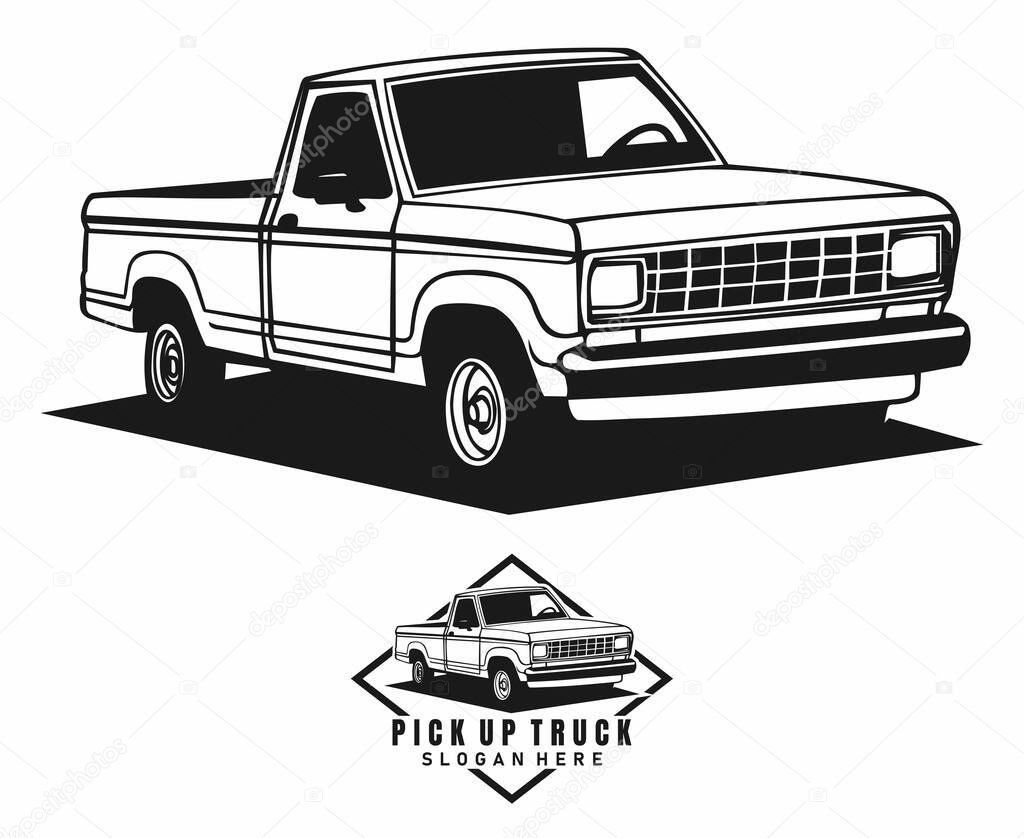 Pick up truck logo illustration design black and white vector