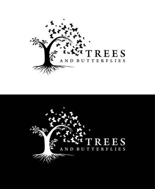 Ağaçlar ve kelebekler logo tasarım vektör sanatı