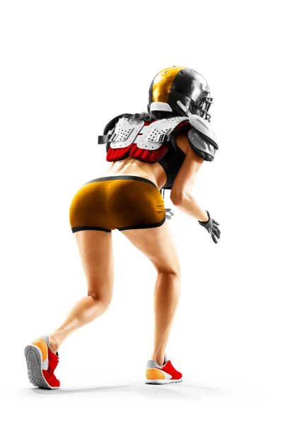 Portrét Atraktivní Brunetky Americká Fotbalistka Uniformě Dresu Tričko Pózující Přilbou — Stock fotografie