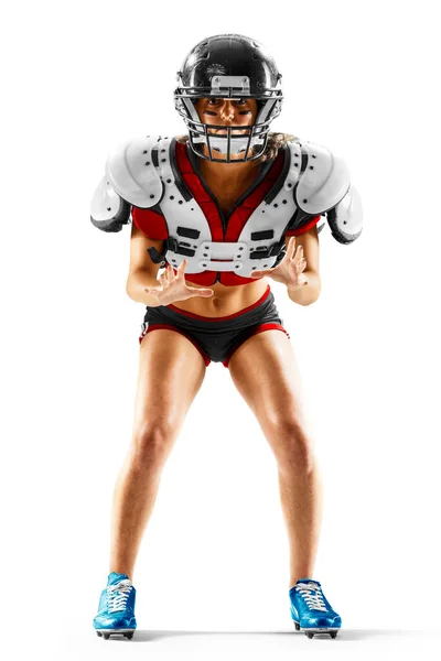 Portret Atractiv Bruneta Feminin Fotbalist American Uniformă Tricou Tricou Pozând — Fotografie, imagine de stoc