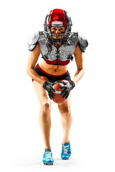 Портрет Привлекательной Брюнетки Американской Футболистки Униформе Футболке Форме Позирующей Шлемом — стоковое фото