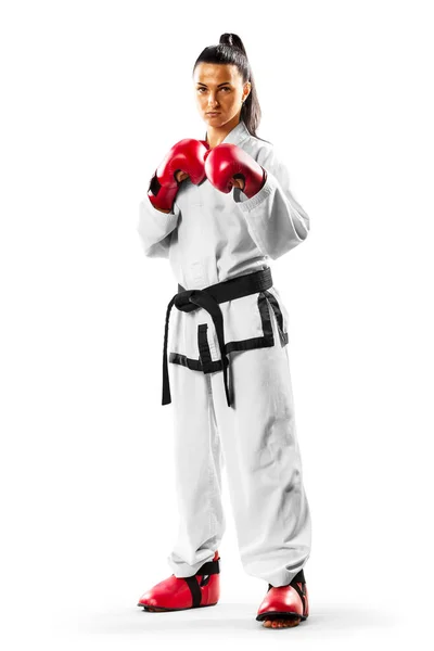 Profesjonalna Zawodniczka Karate Izolowana Białym Tle — Zdjęcie stockowe