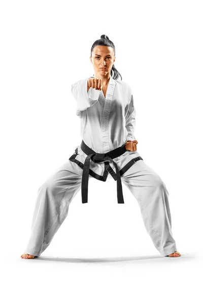 Szakmai Női Karate Harcos Elszigetelt Fehér Háttér — Stock Fotó