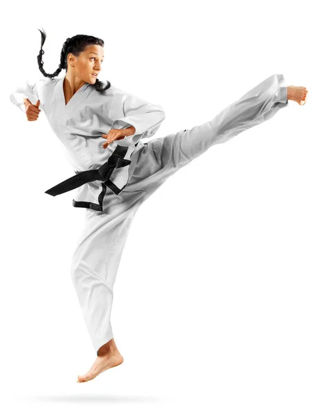 Professionele Vrouwelijke Karate Vechter Geïsoleerd Witte Achtergrond — Stockfoto