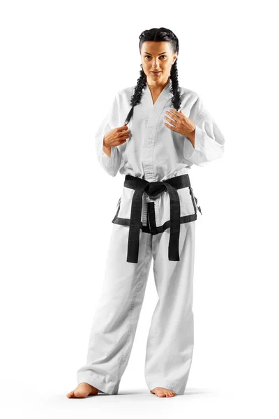 Szakmai Női Karate Harcos Elszigetelt Fehér Háttér — Stock Fotó