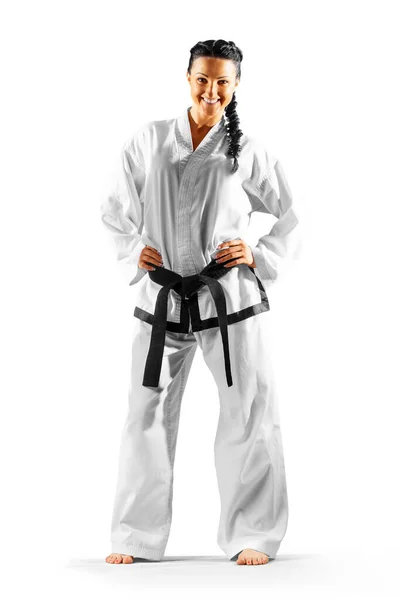 Combatiente Profesional Karate Femenino Aislado Sobre Fondo Blanco — Foto de Stock