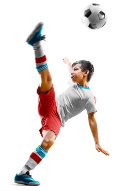 Çocuklar futbol oyuncusu hareket halinde beyaz arkaplanda izole