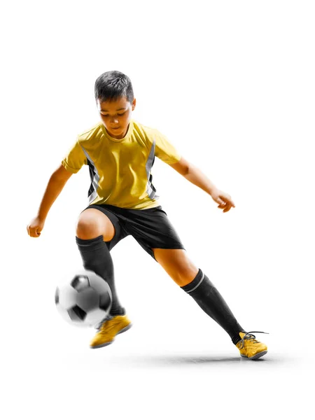 Crianças Jogador Futebol Ação Isolado Fundo Branco — Fotografia de Stock