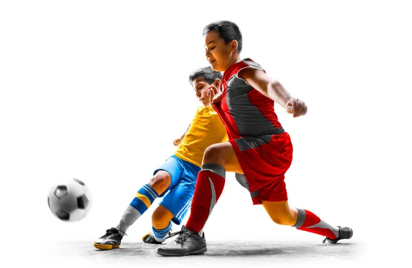 Eylemdeki Çocuklar Futbol Oyuncuları Izole Edilmiş Beyaz Arka Plan Stok Fotoğraf