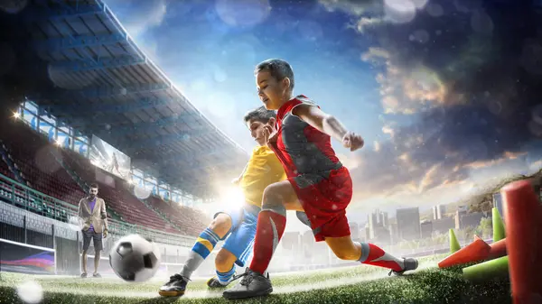 Des Joueurs Football Professionnels Pour Enfants Entraînent Sur Grand Stade Images De Stock Libres De Droits