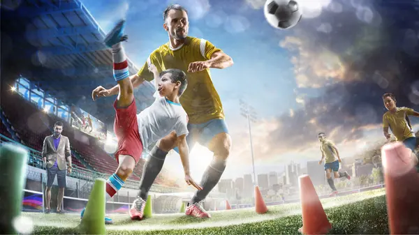 Çocuklar Yetişkin Futbol Oyuncuları Büyük Stadyumda Antrenman Yapıyor - Stok İmaj