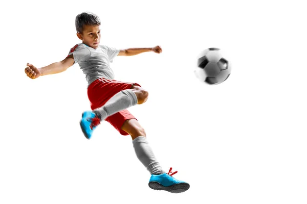 Kinderen Voetbal Speler Actie Geïsoleerd Witte Achtergrond Stockfoto