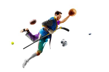 Beyaz arka planda izole edilmiş bir kişide birçok spor ve hobi vardır.