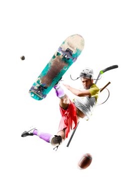 Beyaz arka planda izole edilmiş bir kişide birçok spor ve hobi vardır.