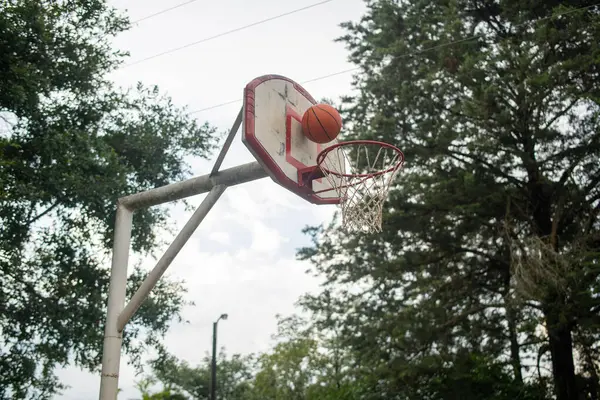Basketbol, kentsel ve doğal unsurları birleştiren bir ortamda yer alan bir kortta potaya çarpıyor. Sahne, topla arka plan karışıklığı arasındaki zıtlığı vurguluyor. Bu da spor hayatının manzarayla birleşmesini yansıtıyor.