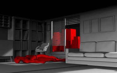 Kırmızı şehir manzarası arka planında beyaz renkli karanlık bir odada yatan erkek cesedinin 3D çizimi.