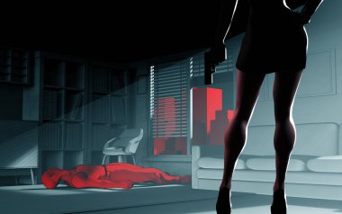 3 boyutlu resimde silahlı ve yüksek topuklu seksi katil kadın ve erkek cesedinin kırmızı şehir arka planında, karanlık odada yattığı görülüyor..