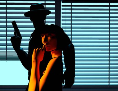 Erkek dedektifin ya da silahlı gangsterin gece penceresinde duran kadın portresinin üç boyutlu çizimi arka planda gölgeleniyor..