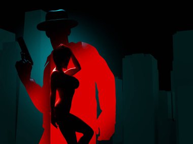 Koyu mavi şehir manzarası arka planında duran erkek dedektifin ya da silahlı gangsterin, kırmızı zeminde poz veren seksi kadının üç boyutlu resimlerini oluşturun..