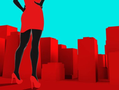 Kırmızı elbiseli ve topuklu ayakkabılı seksi bir kadının, kırmızı renkli şehir manzarasının arka planında mavi arka planda durduğu 3D çizimi..