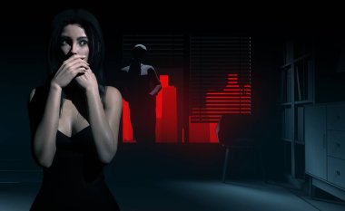 Karanlık odada arka planda ürkütücü takipçi adamla duran siyah elbiseli ürkek kadının 3 boyutlu korku filmi çizimi..