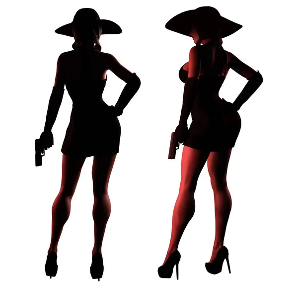 Isolated Render Illustration Sexy Spy Lady Black Dress Hat Holding — Stock Photo, Image