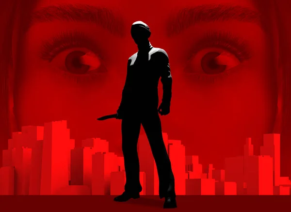 Render Noir Thriller Illustratie Van Mysterieuze Moordenaar Met Mes Silhouet — Stockfoto