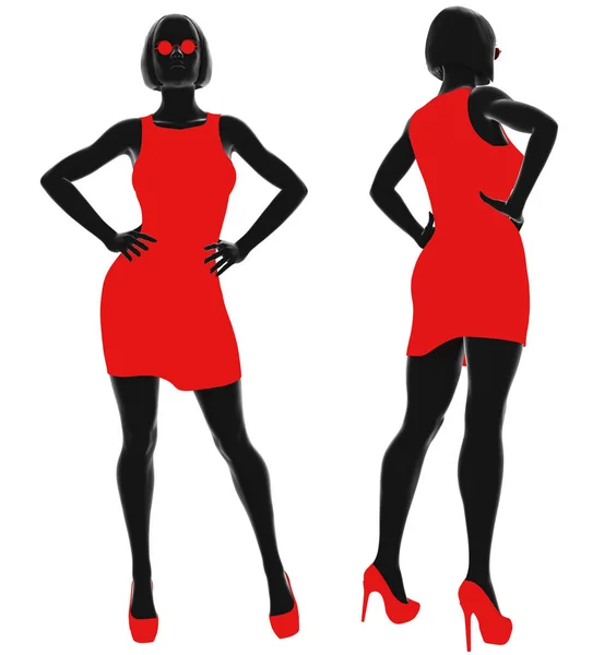 Izolacja Renderowania Noir Ilustracja Pani Czerwonej Sukience Okrągłe Okulary Stojące — Zdjęcie stockowe