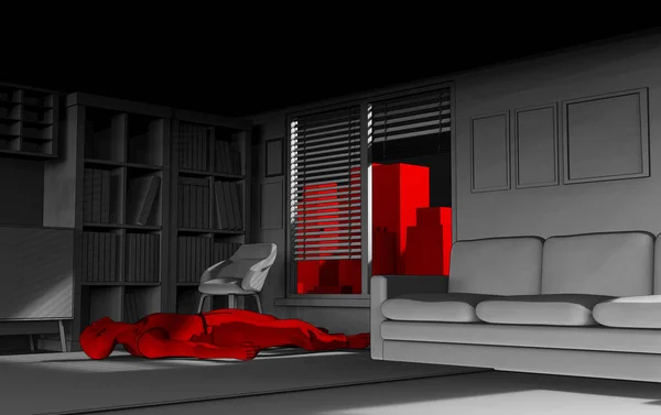 3Dレンダリングイラストの男性犠牲者の体は赤の街並みの背景に白い色の暗い部屋に横たわっている — ストック写真