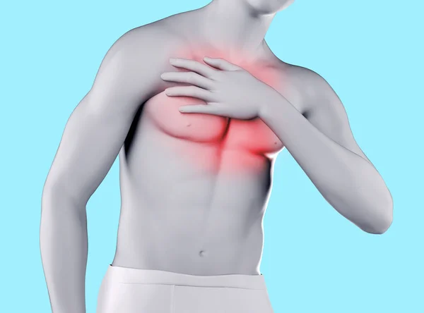 Darstellung Der Männlichen Figur Mit Brustschmerzen Unterstrichen Bereich Auf Blauem — Stockfoto