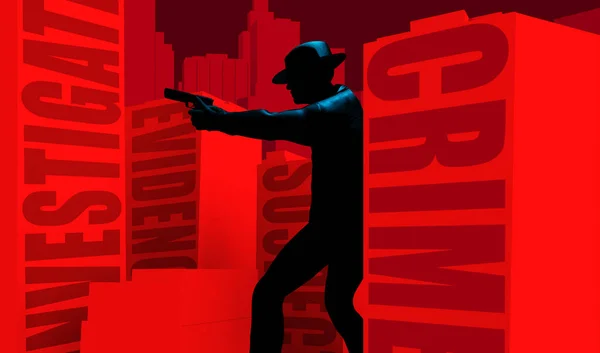 Render Noir Illustration Aiming Walking Armed Detective Walking Amongst Red — Stock Photo, Image