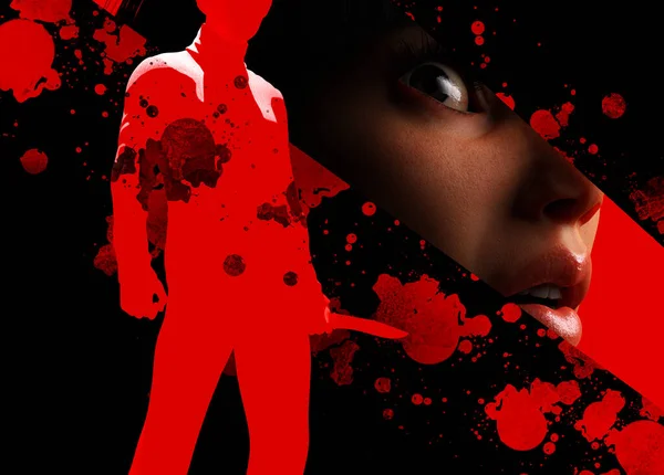 Renderizar Thriller Ilustração Assustado Senhora Rosto Com Misterioso Assassino Segurando — Fotografia de Stock