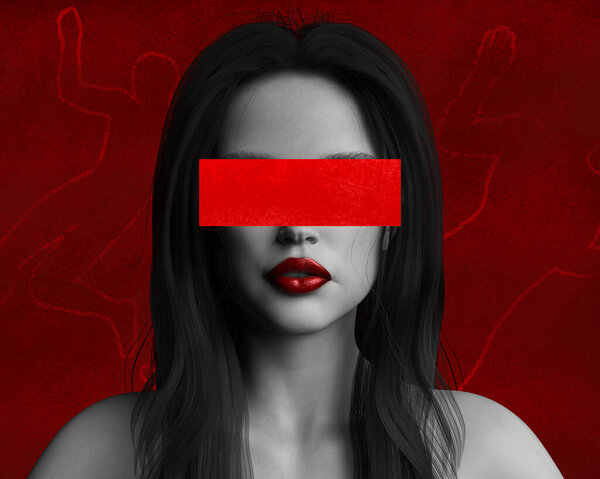 3d render illustration of black and white colored mysterious or missing lady portrait face on red colored background with victim crime lines.