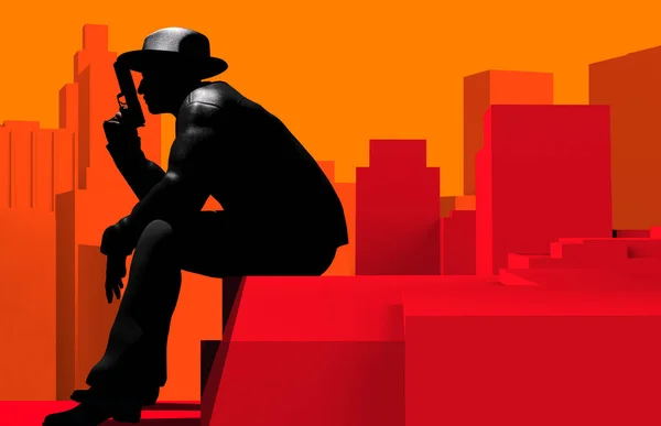 3d render illustration of detective or mobster in hat, jacket and gun sitting on toon red colored cityscape background.