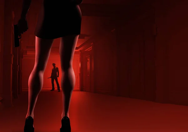 3D展示了穿着黑色衣服和高跟鞋的性感女士在红色酒店走廊背景下手持枪的图片 — 图库照片