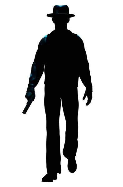 Изолированный Рендеринг Иллюстрация Мужчины Детектива Гангстера Пистолетом Силуэт Ходить Белом — стоковое фото