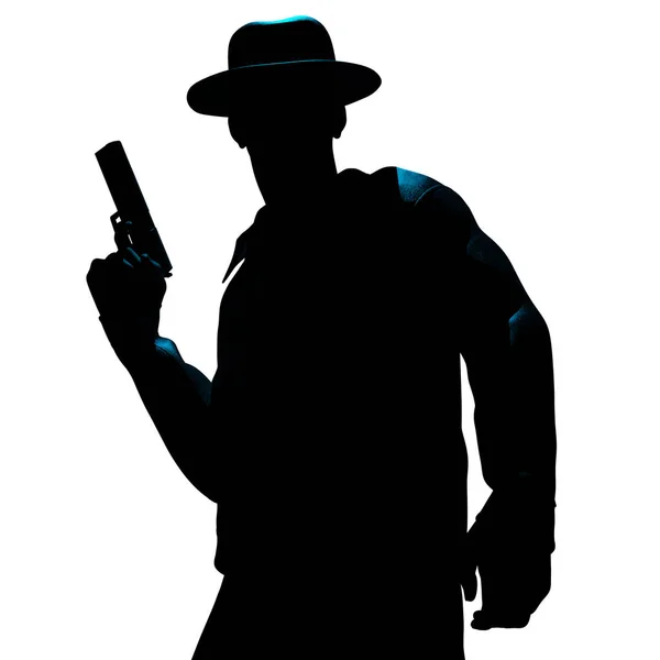 白い背景に立って銃のシルエットを持つ男性探偵やモブスターの孤立した3Dレンダリングイラスト — ストック写真