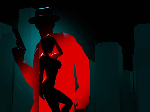 Render Noir Illustration Male Detective Mobster Gun Silhouette Standing Dark — Stock Photo, Image