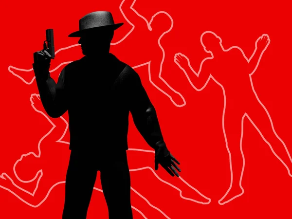 3Dレンダリング鼻イラストの影の探偵ポージングで銃と帽子で赤い背景に被害者の犯罪ラインシルエット — ストック写真