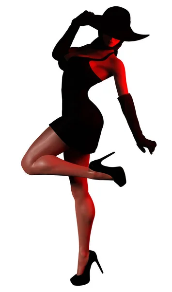 Isolated Render Illustration Sexy Spy Lady Black Dress Hat Heels — Stock Photo, Image