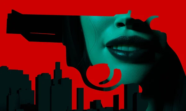 Render Noir Illustration Von Damengesicht Revolver Silhouette Auf Stadtbild Hintergrund — Stockfoto