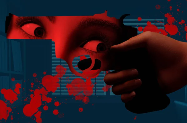 3Dレンダリングノワールスリラーイラストの女性怖がって顔で手保持銃で暗い夜の部屋の背景に血滴 — ストック写真