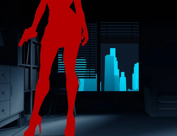 Renderować Noir Ilustracja Czerwony Kolorowy Sexy Lady Sylwetka Sukienka Gospodarstwa — Zdjęcie stockowe