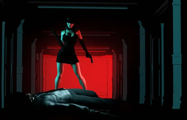 3D描绘了黑衣黑帽女间谍的黑色画像 她拿着枪 坐在黑暗的走廊背景上 前面是被杀的暴徒 — 图库照片