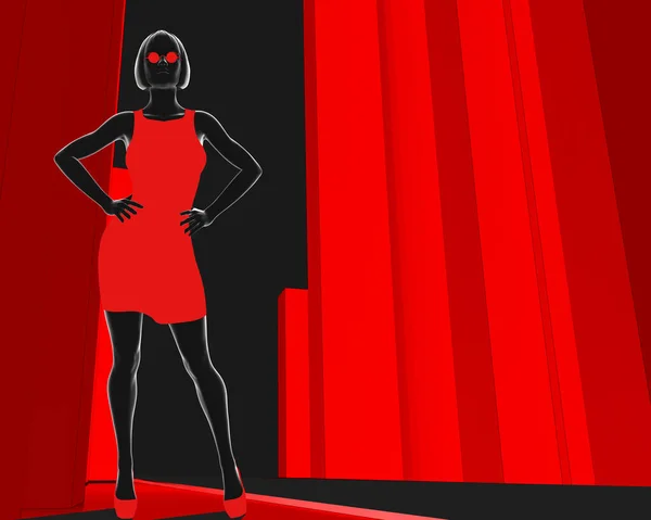 3Dレンダリングノワールイラストの女性で赤いドレスと円形のメガネのポーズで漫画の赤い色の街並みや通りの背景 — ストック写真
