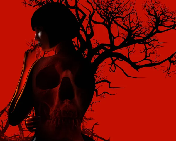 Render Horror Illusztráció Hölgy Fekete Ruha Koponya Faágak Piros Színű — Stock Fotó