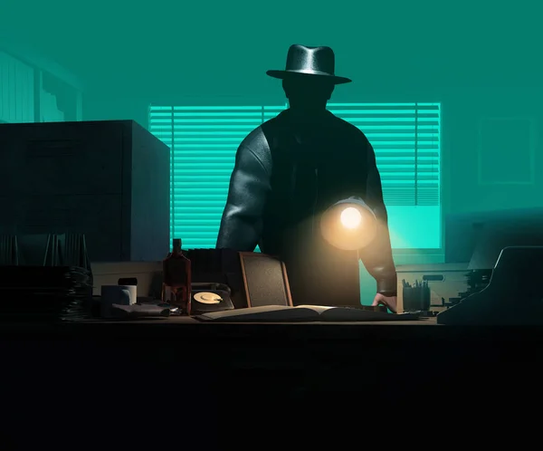Визуализация Мужчина Детектив Шляпе Куртке Опираясь Рабочее Место Стола Темно — стоковое фото