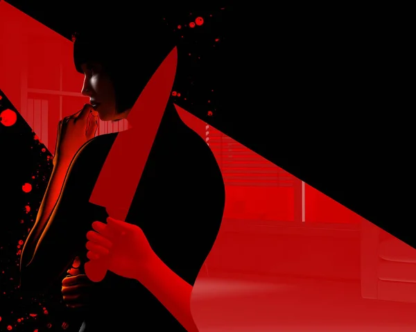 3Dレンダリングイラストの女性で黒ドレス上の赤い色の部屋の背景に手でナイフと血滴 — ストック写真