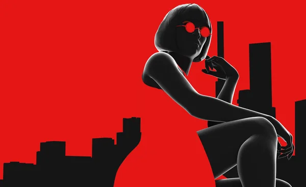 Kırmızı Elbiseli Yuvarlak Gözlüklü Bayanın Siyah Renkli Arka Planda Boyutlu — Stok fotoğraf