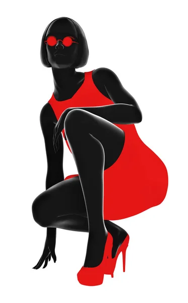 Isolado Renderização Noir Ilustração Senhora Vestido Vermelho Óculos Redondos Ajoelhados — Fotografia de Stock